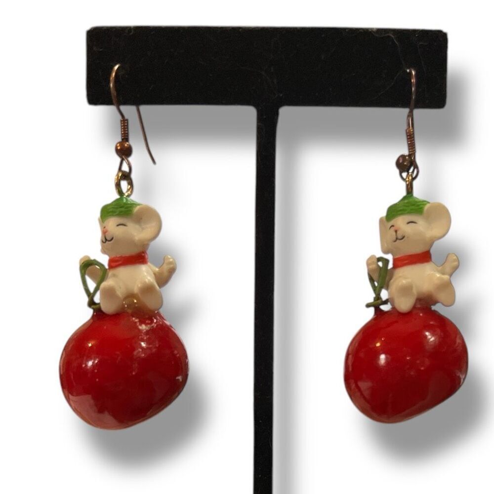 Vintage White Mouse on Cherry Dangle Earrings